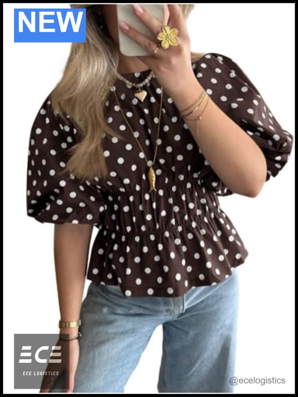 Polka Dot Peplum Blouse Round Neck Puff Sleeve Summer Top
